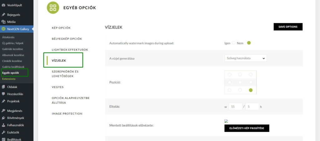 nextgen gallery vizjelek beallitasa