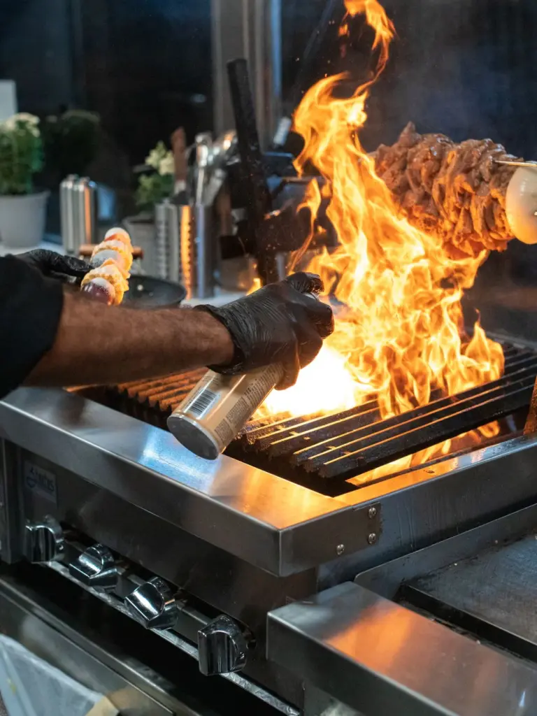 Creare site restaurant cu comenzi online — v7 Bucătar la grătar, cu flăcări înalte, într-o bucătărie profesională de restaurant