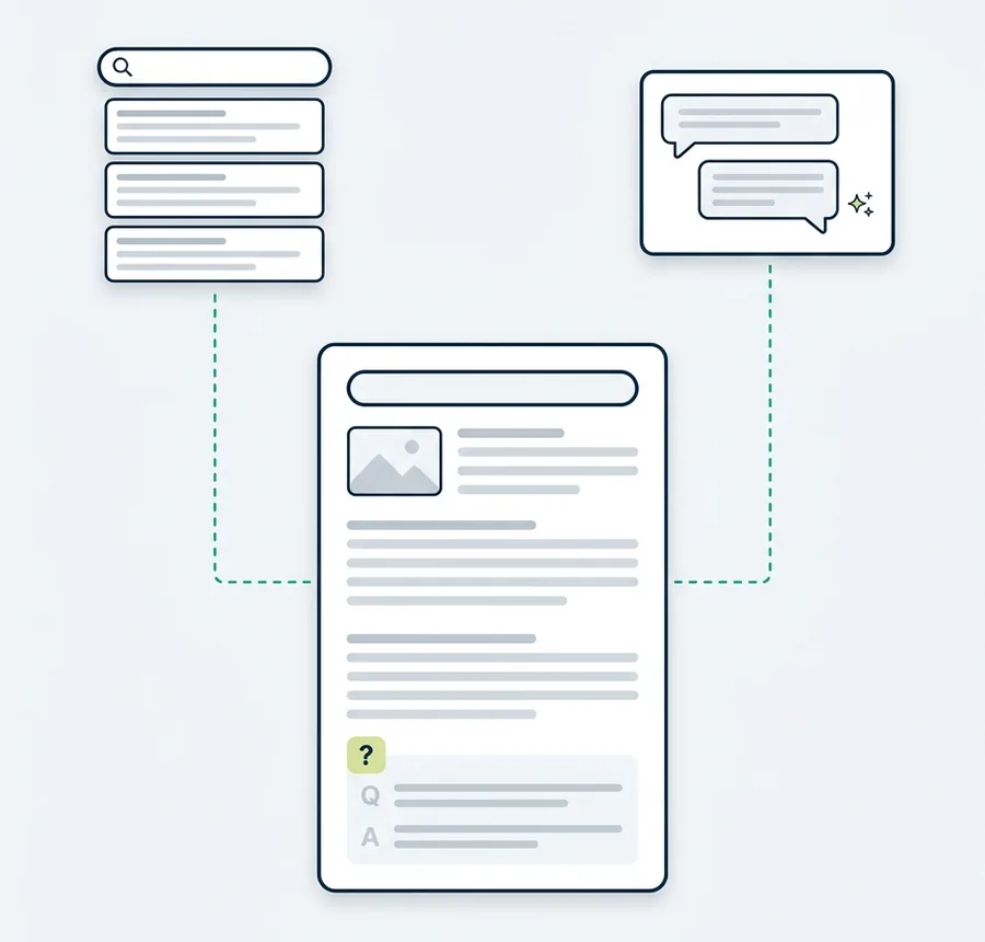 Servicii optimizare SEO / GEO (v7) Ilustrație: aceeași pagină de site, clară și bine organizată, citită atât de un motor de căutare, cât și de un asistent AI