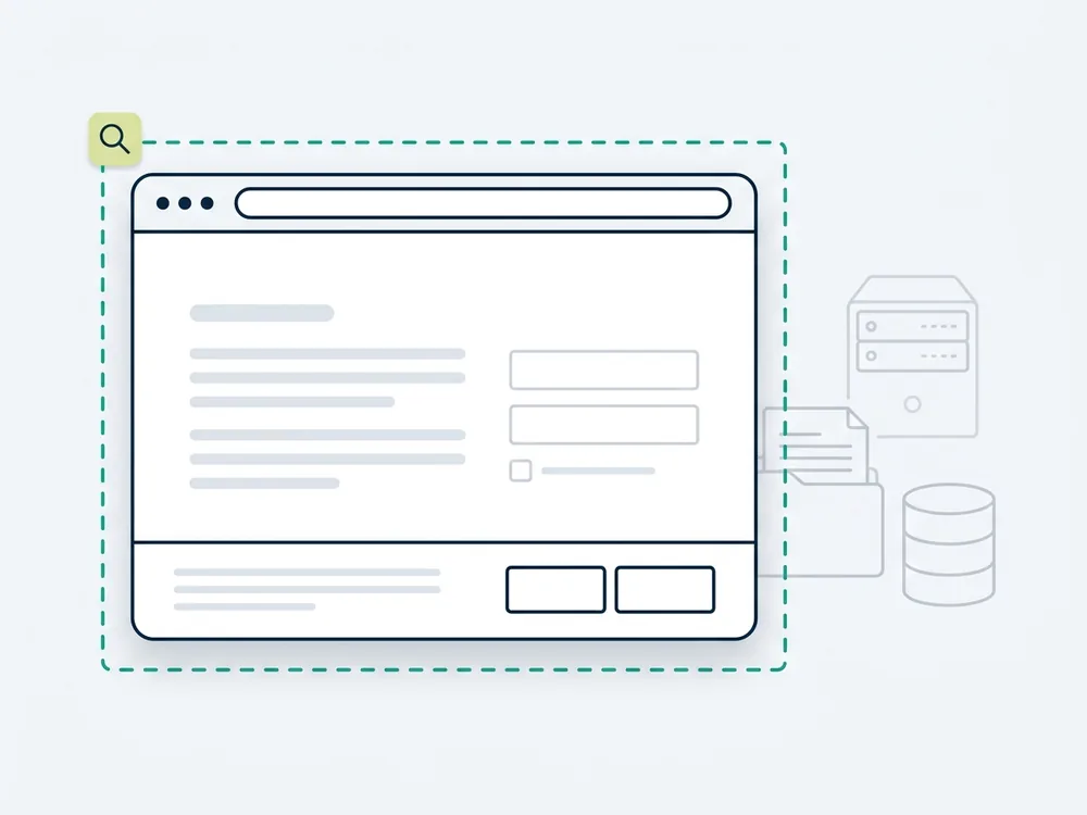 Ilustrație: fereastra unui site verificată din exterior — banner de cookies, formular, pagini — iar în spatele ei, neverificate, serverul, documentele și baza de date