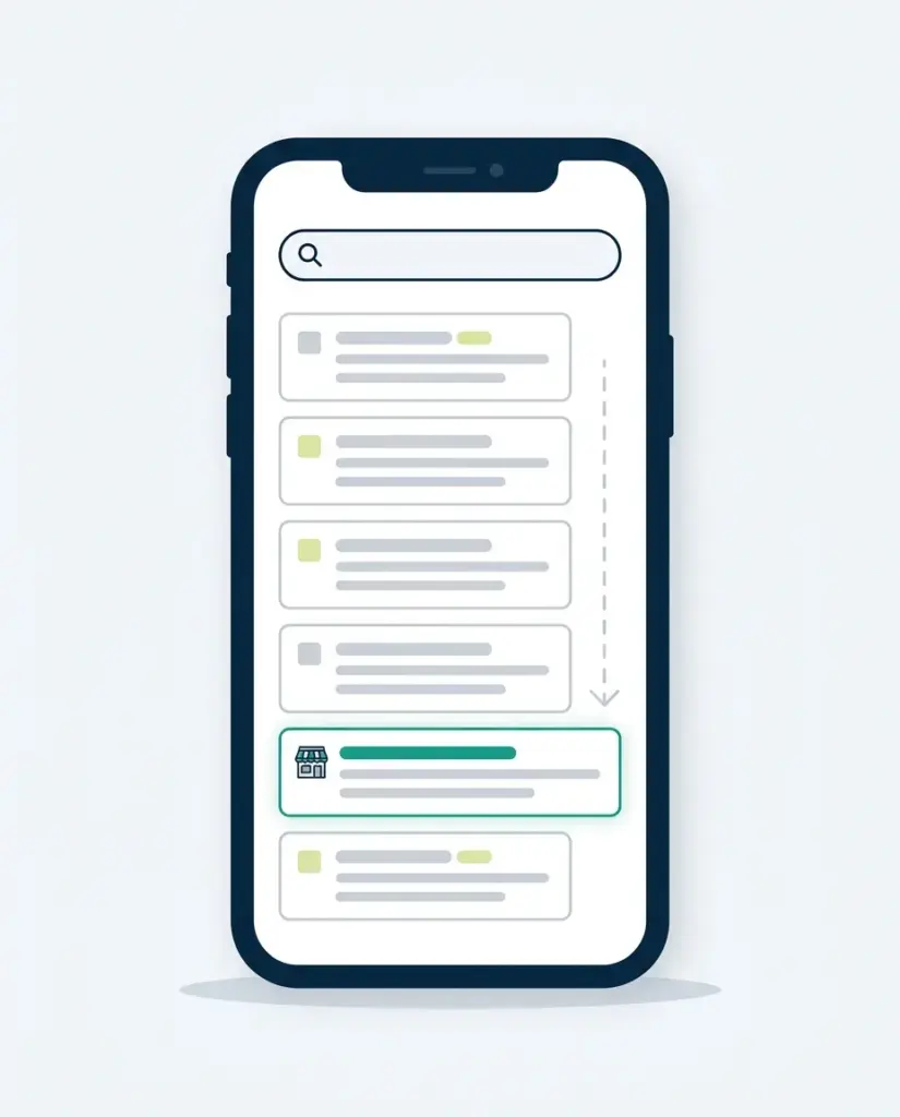 Ilustrație: telefon cu o listă de rezultate de căutare, în care rezultatul unei afaceri, marcat cu verde, apare mai jos în listă