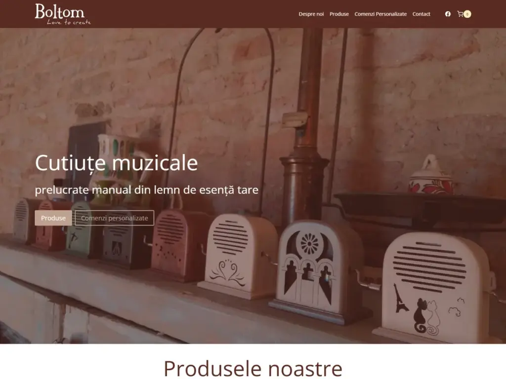 Creare magazin online (v7) Pagina principală a magazinului online Boltom, cu cutiuțe muzicale din lemn lucrate manual