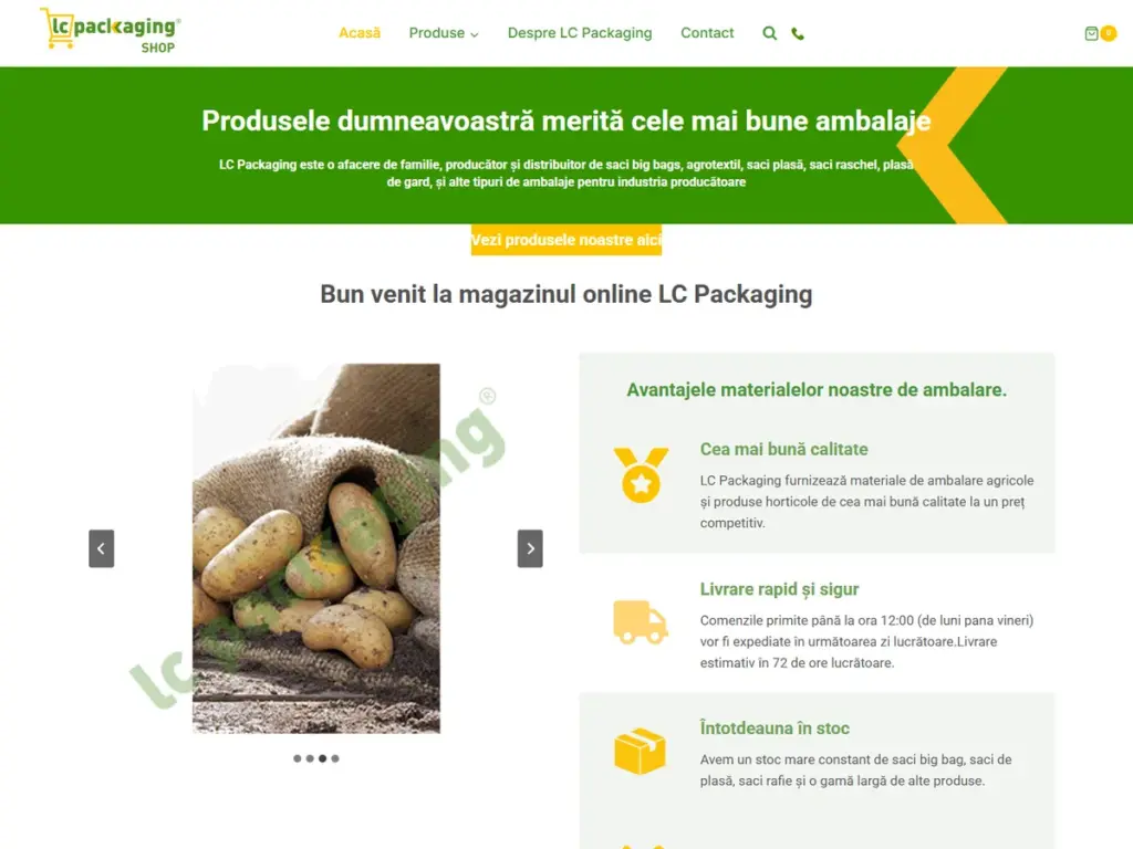 Creare magazin online (v7) Pagina principală a magazinului online LC Packaging Shop, cu ambalaje agricole