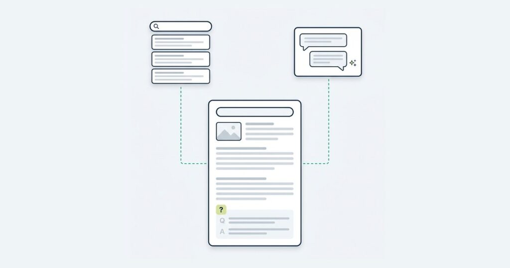 Acasă (v2) Ilustrație: aceeași pagină de site, citită de un motor de căutare și de un asistent AI