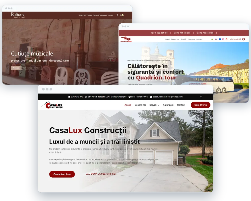 Acasă (v2) Primele ecrane ale unor site-uri făcute de Safebiz: CasaLux Construcții, Boltom și Quadrion Tour